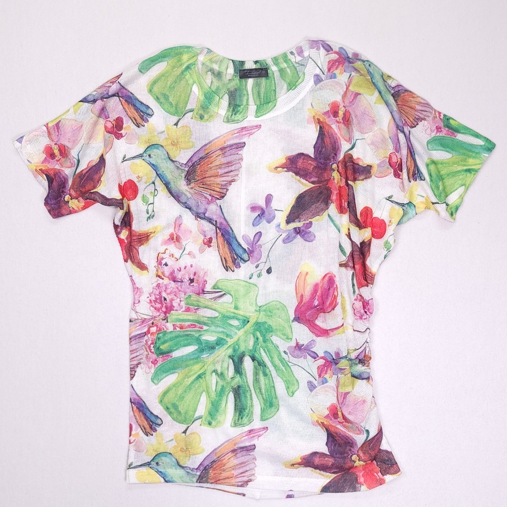 Inoah Womens Hummingbird Tropical Floral Mesh Knit Ruched Dolman Top Medium USA‎
